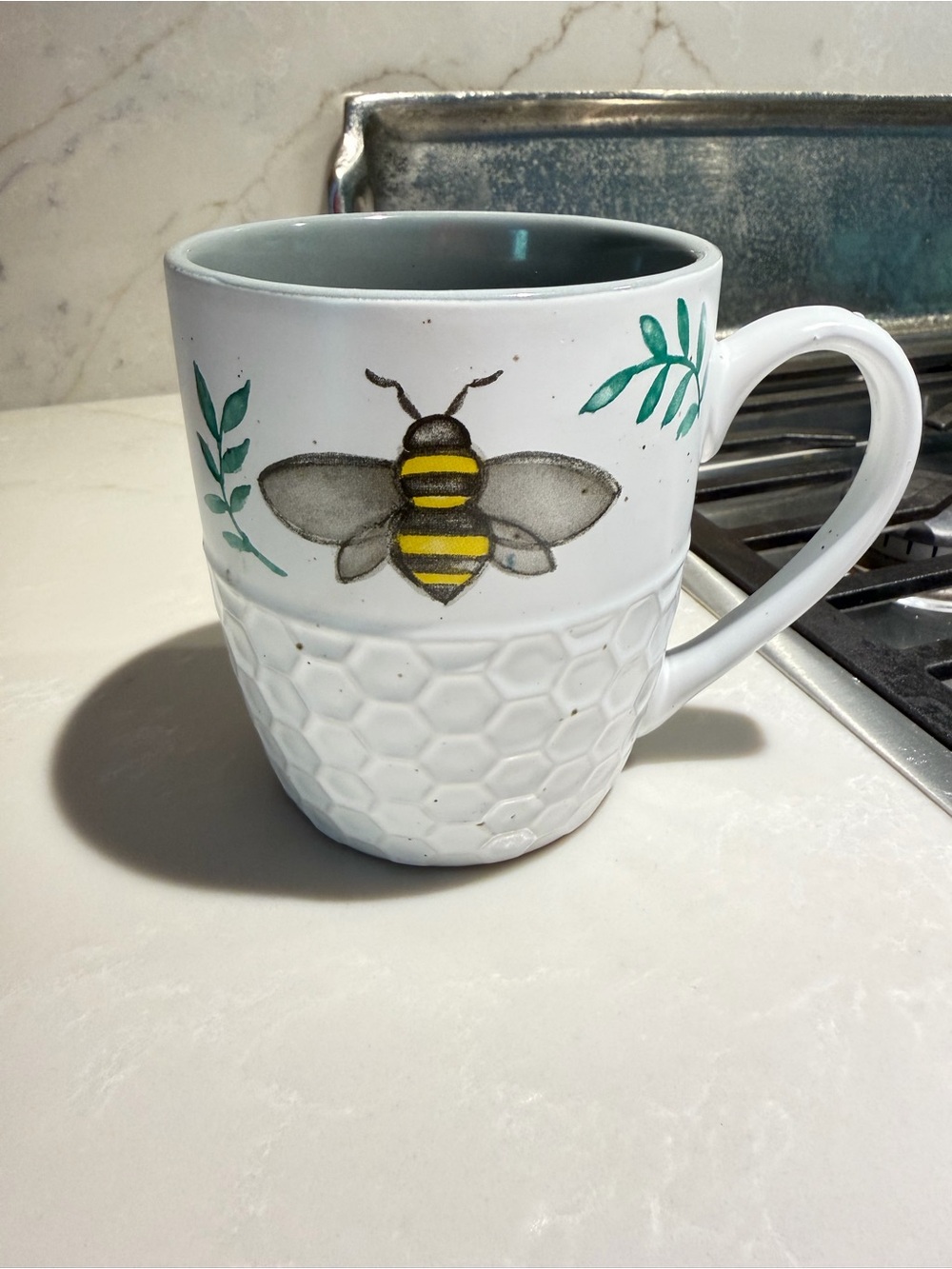Decorative Bee Ceramic Mug  by Heartland Hive, White and Yellow with Gray